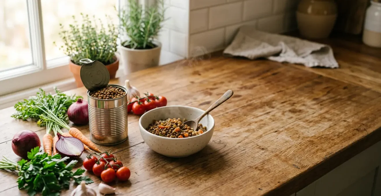 Nutritious family meal preparation featuring tinned lentils and fresh vegetables on a kitchen counter with natural lighting