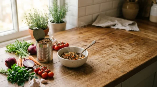 Nutritious family meal preparation featuring tinned lentils and fresh vegetables on a kitchen counter with natural lighting