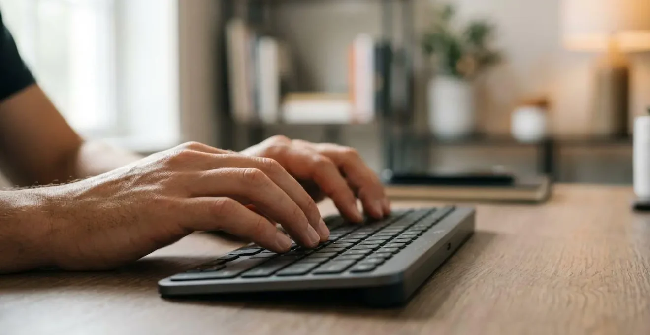 Close-up of hands typing on laptop keyboard with natural lighting during productive work session
