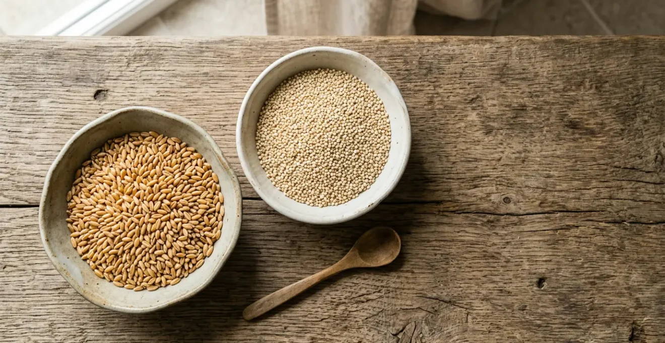 Ancient grain varieties displayed in rustic wooden bowls with natural sunlight highlighting their textures