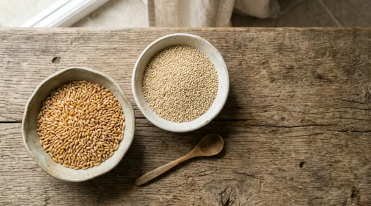Ancient grain varieties displayed in rustic wooden bowls with natural sunlight highlighting their textures