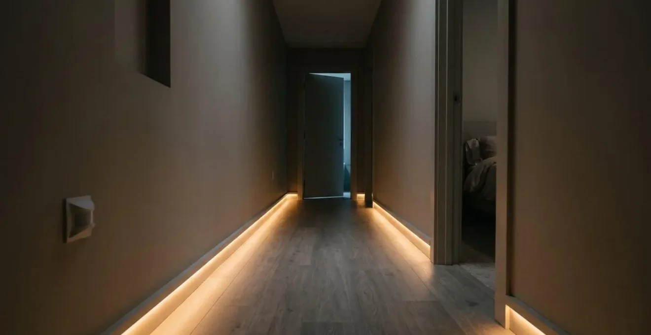 Soft warm LED pathway lighting gently illuminating a hallway from bedroom to bathroom at night