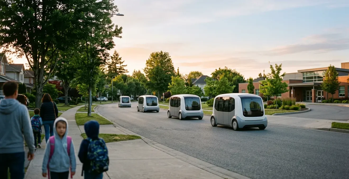 Morning scene showing compact electric autonomous pods navigating a residential street near a school during pick-up time