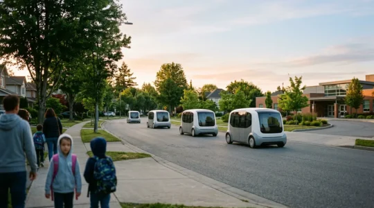 Morning scene showing compact electric autonomous pods navigating a residential street near a school during pick-up time