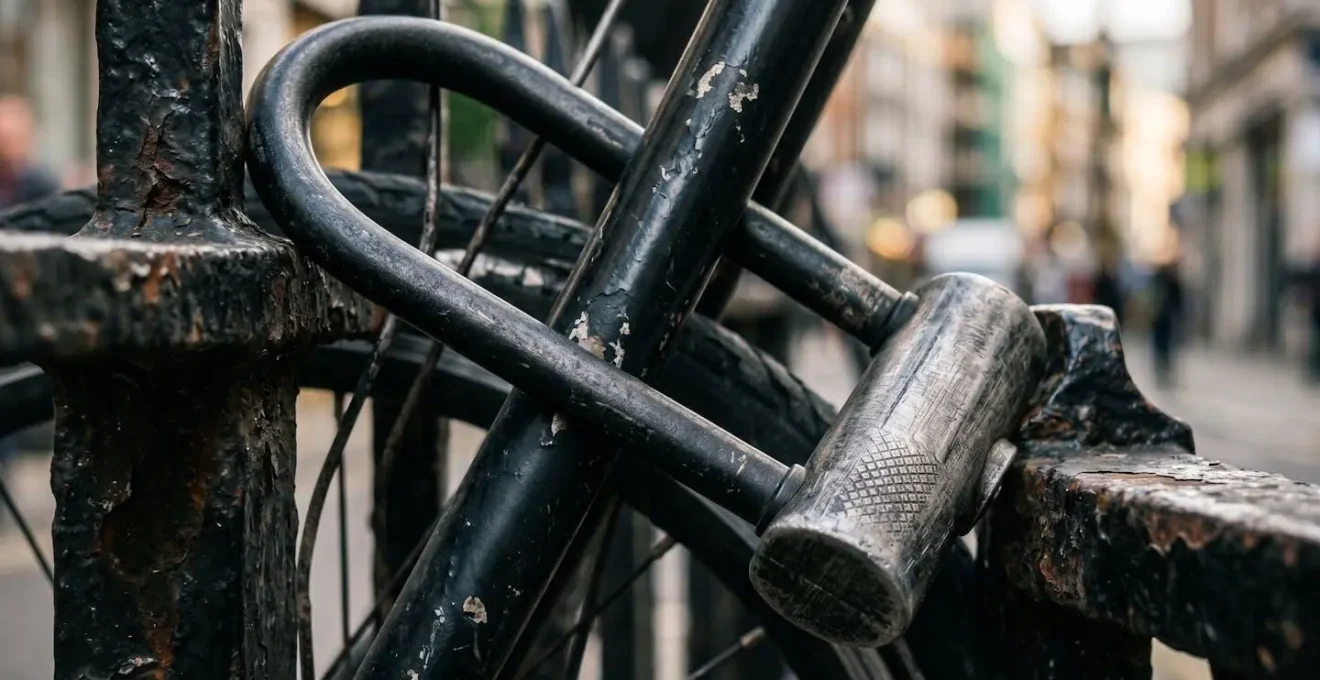 Close-up of heavy-duty bike lock securing expensive e-bike to London street railing