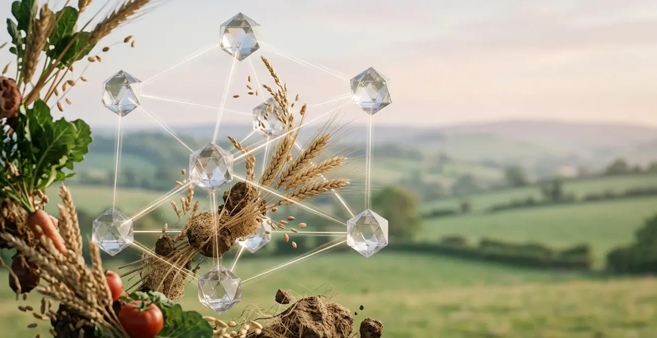 Decentralized digital ledger concept visualizing supply chain transparency for organic food sector