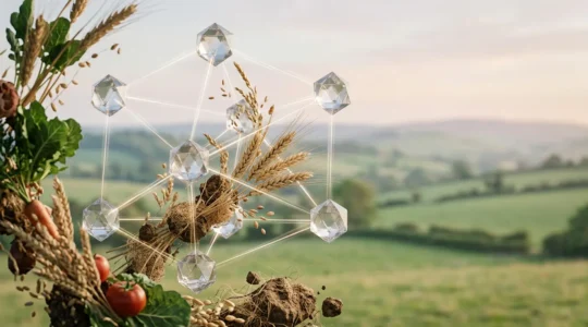 Decentralized digital ledger concept visualizing supply chain transparency for organic food sector