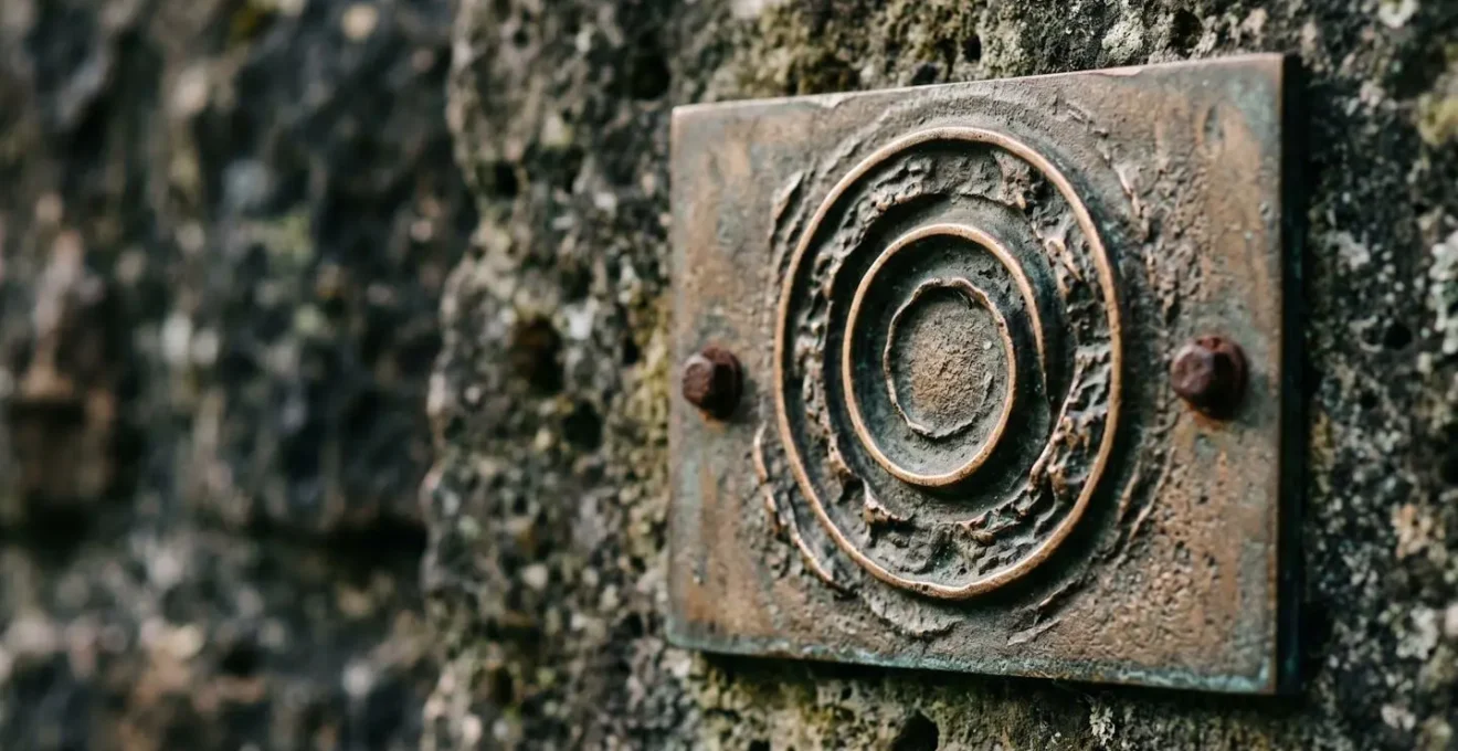 Close-up view of weathered commemorative plaque on historic stone wall with natural lighting revealing texture