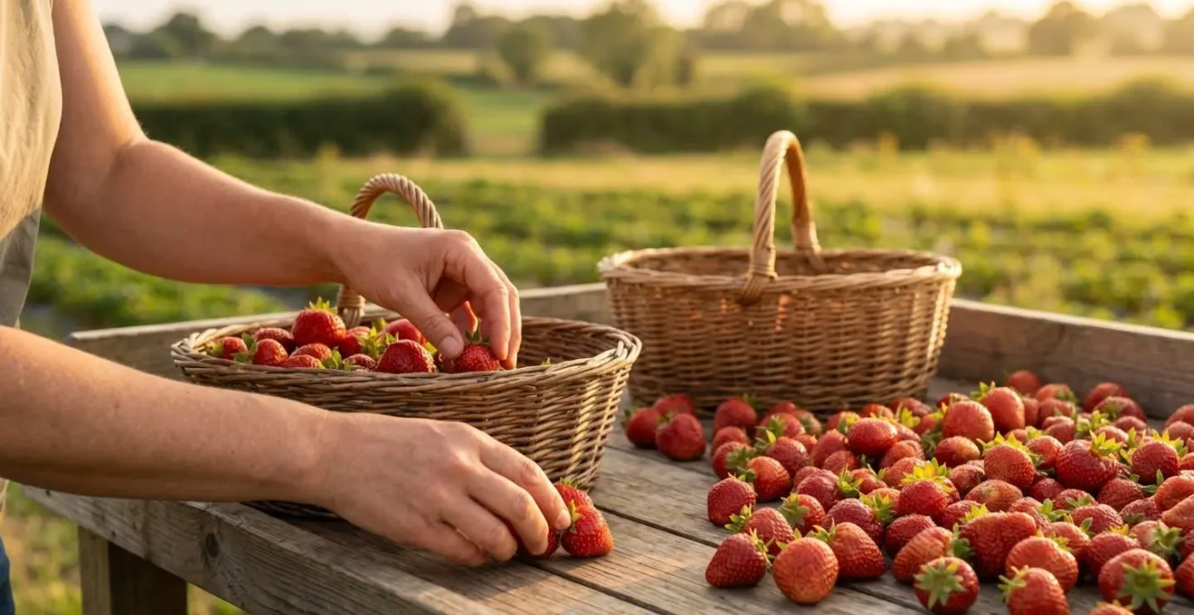 Overhead view of abundant fresh organic berries in rustic containers during peak summer harvest season