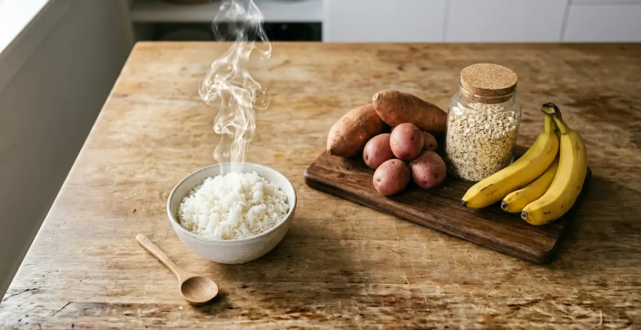 Runner preparing balanced nutrition meal with diverse carbohydrate sources for half marathon performance