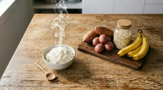 Runner preparing balanced nutrition meal with diverse carbohydrate sources for half marathon performance