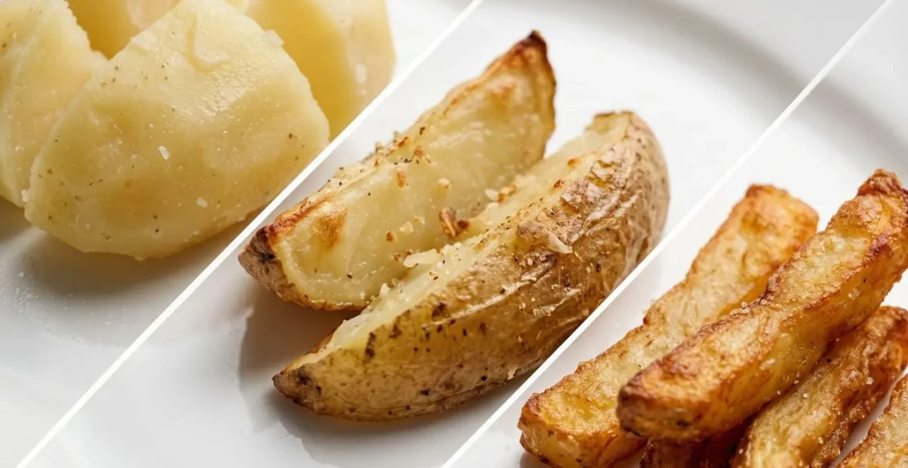 Close-up macro photography showing textural comparison of different potato cooking methods for athletic nutrition