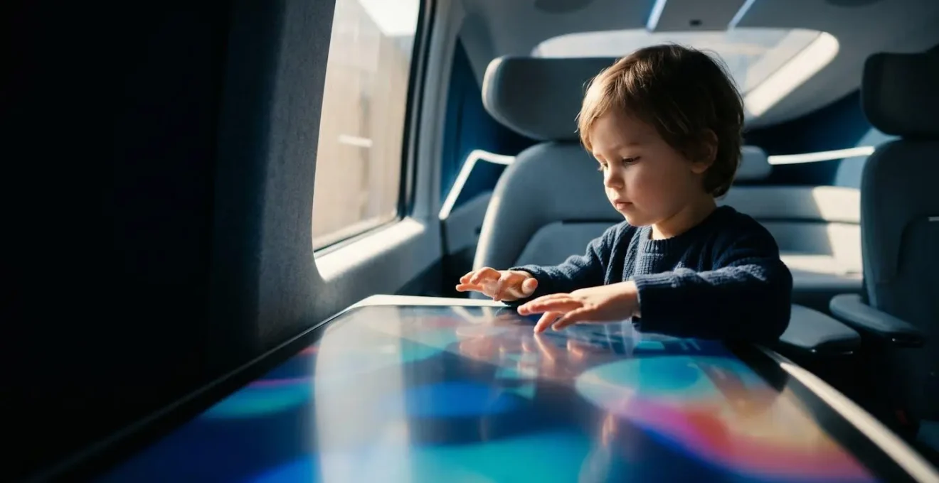 Interior view capturing a child interacting with entertainment technology inside an autonomous vehicle during commute