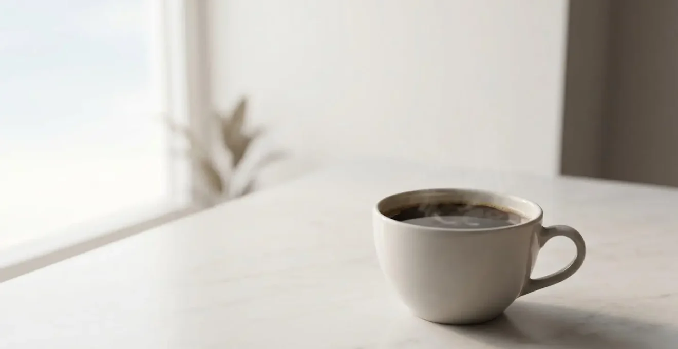 Minimalist composition of coffee in natural morning light with intentional negative space