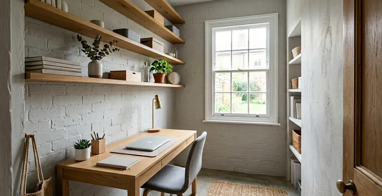 Compact home office workspace in small box room with organized shelving and natural light