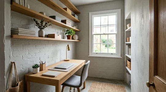 Compact home office workspace in small box room with organized shelving and natural light