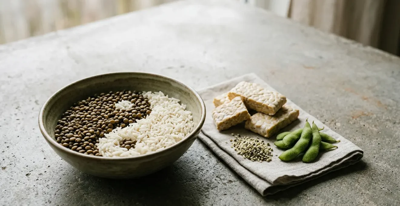 Plant-based protein sources arranged to demonstrate complete amino acid combinations for vegan diet