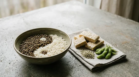 Plant-based protein sources arranged to demonstrate complete amino acid combinations for vegan diet