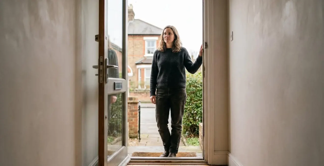 Parent standing confidently in doorway having respectful conversation, maintaining privacy and control