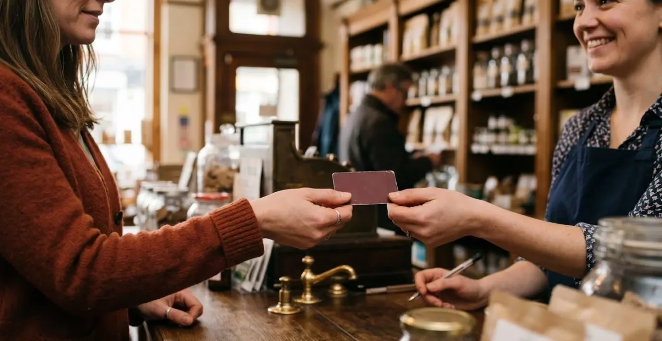 Authentic customer interaction at British retail counter demonstrating ethical data capture