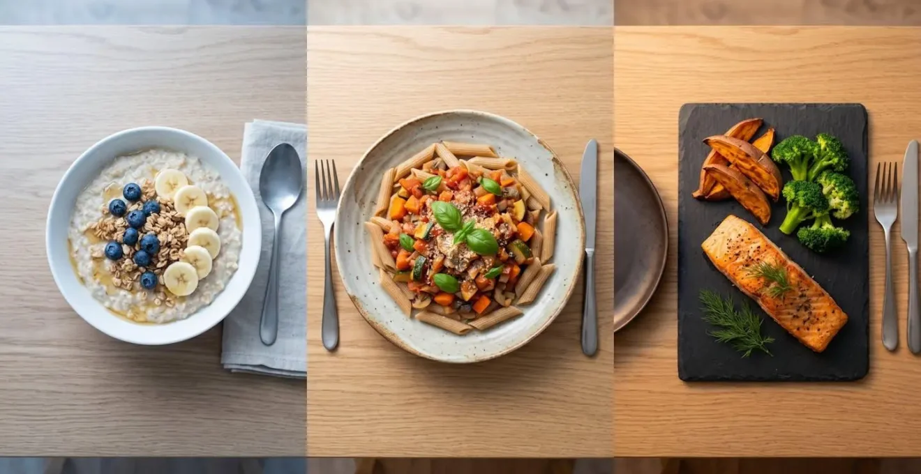 Clean overhead view of a full day's worth of fiber-rich meals arranged on a minimalist table setting
