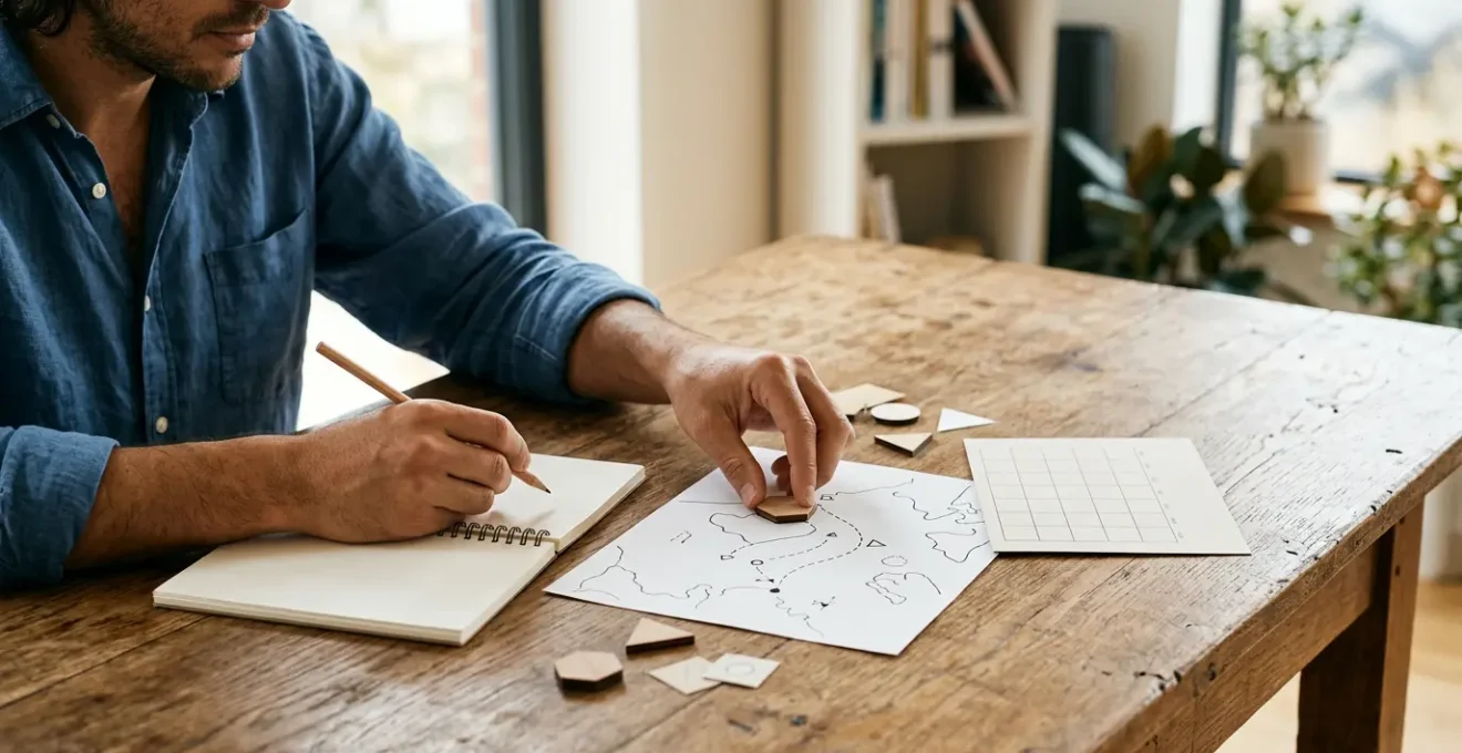 Independent traveler carefully planning custom multi-destination journey with open maps and digital devices