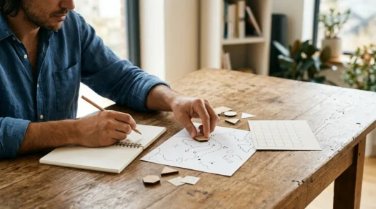 Independent traveler carefully planning custom multi-destination journey with open maps and digital devices
