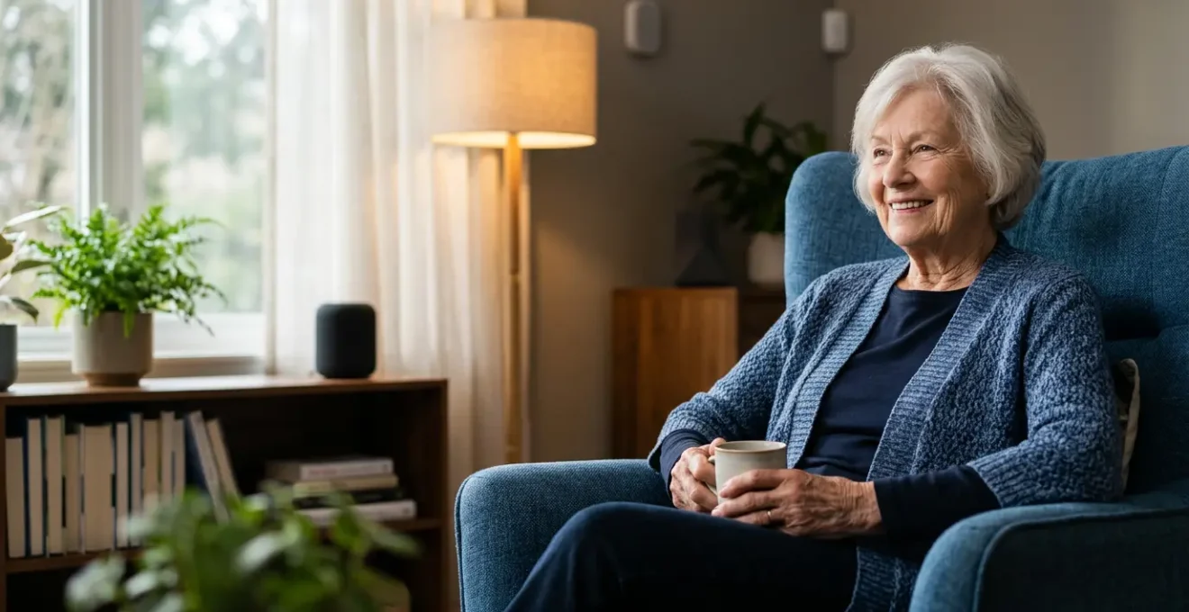 Serene elderly person comfortably seated in a modern living room with subtle ambient smart lighting