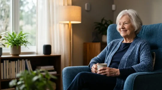 Serene elderly person comfortably seated in a modern living room with subtle ambient smart lighting