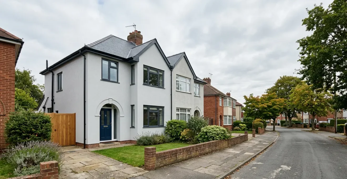 Modern UK home exterior showing energy efficiency improvements with insulated walls and double glazing against suburban backdrop