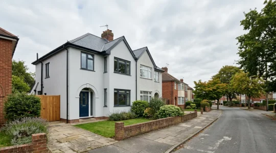 Modern UK home exterior showing energy efficiency improvements with insulated walls and double glazing against suburban backdrop