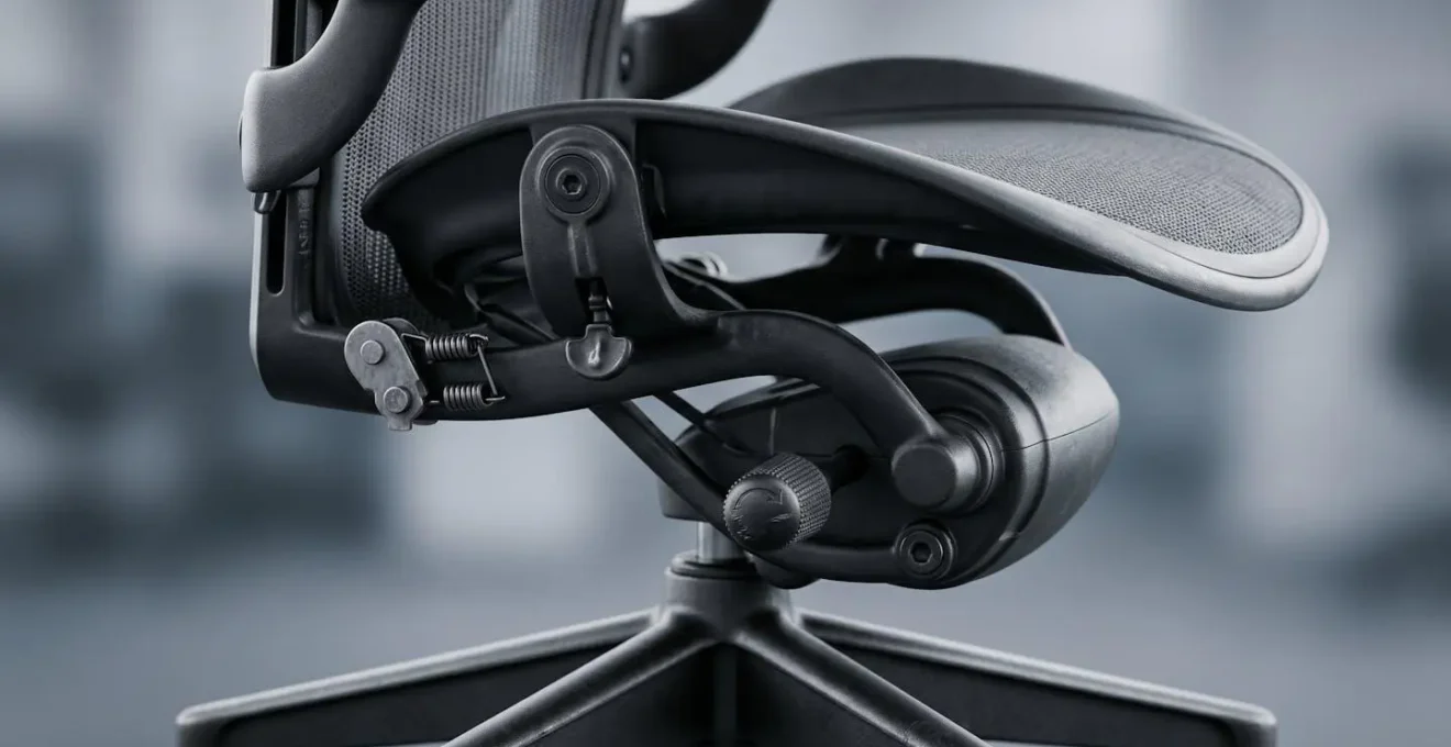 Compact ergonomic office chair demonstrating small physical footprint with full adjustability features