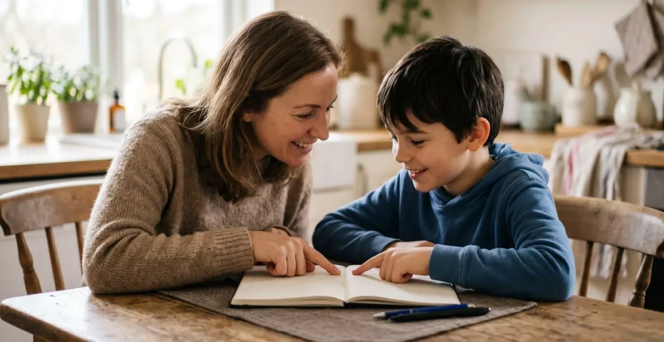 A parent and child sitting together at a table collaboratively discussing and writing a family agreement