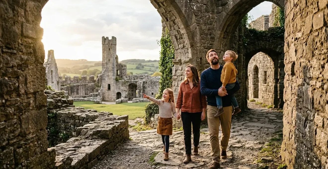 A family of four walking through historic stone archways at a heritage site during golden hour
