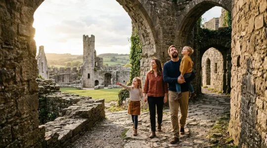 A family of four walking through historic stone archways at a heritage site during golden hour