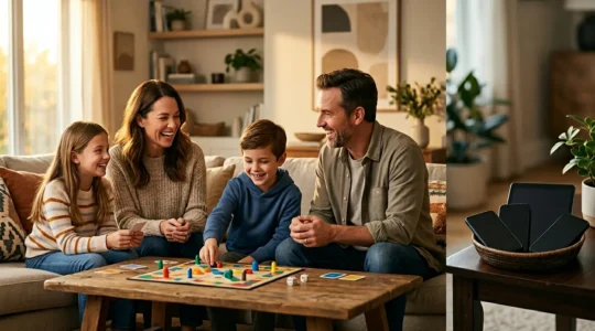 A warm family moment showing connection and balance in a technology-aware household