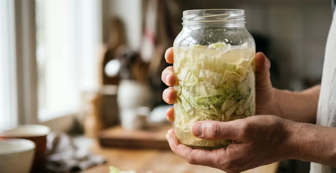 Close-up of fermented vegetables in a glass jar showing natural bubbles and brine