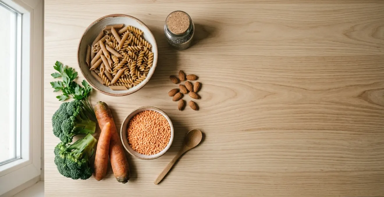 Vibrant whole grain foods and fresh vegetables arranged naturally showing high fiber nutrition