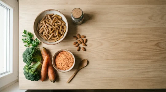 Vibrant whole grain foods and fresh vegetables arranged naturally showing high fiber nutrition
