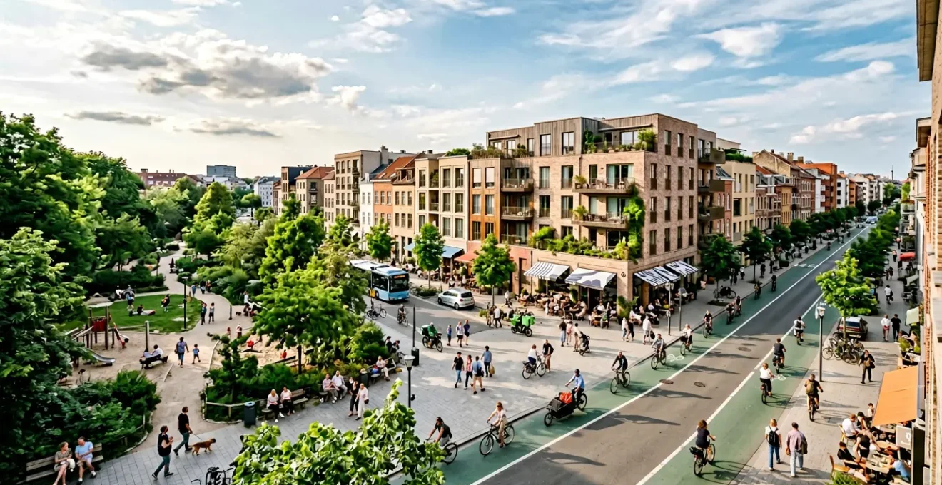 Modern urban street with pedestrians, cyclists, and accessible local amenities showcasing compact neighborhood living