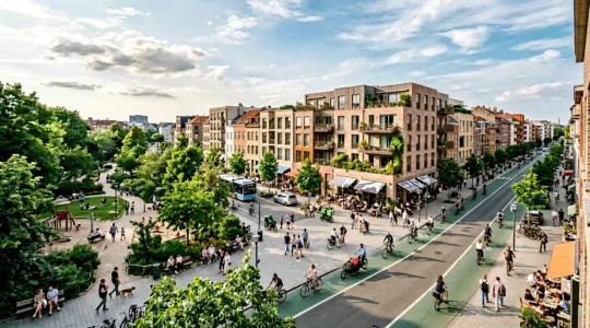 Modern urban street with pedestrians, cyclists, and accessible local amenities showcasing compact neighborhood living
