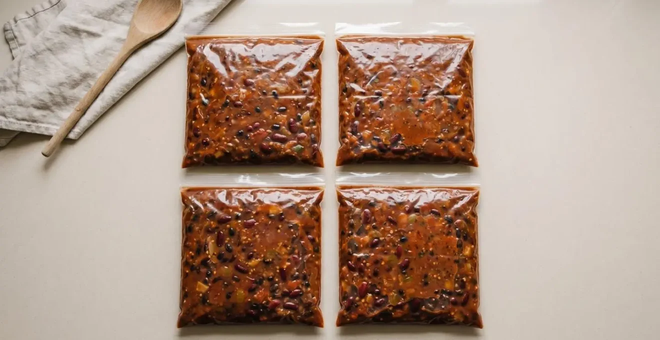 Meal preparation technique showing portioned food in freezer bags laid flat for efficient storage