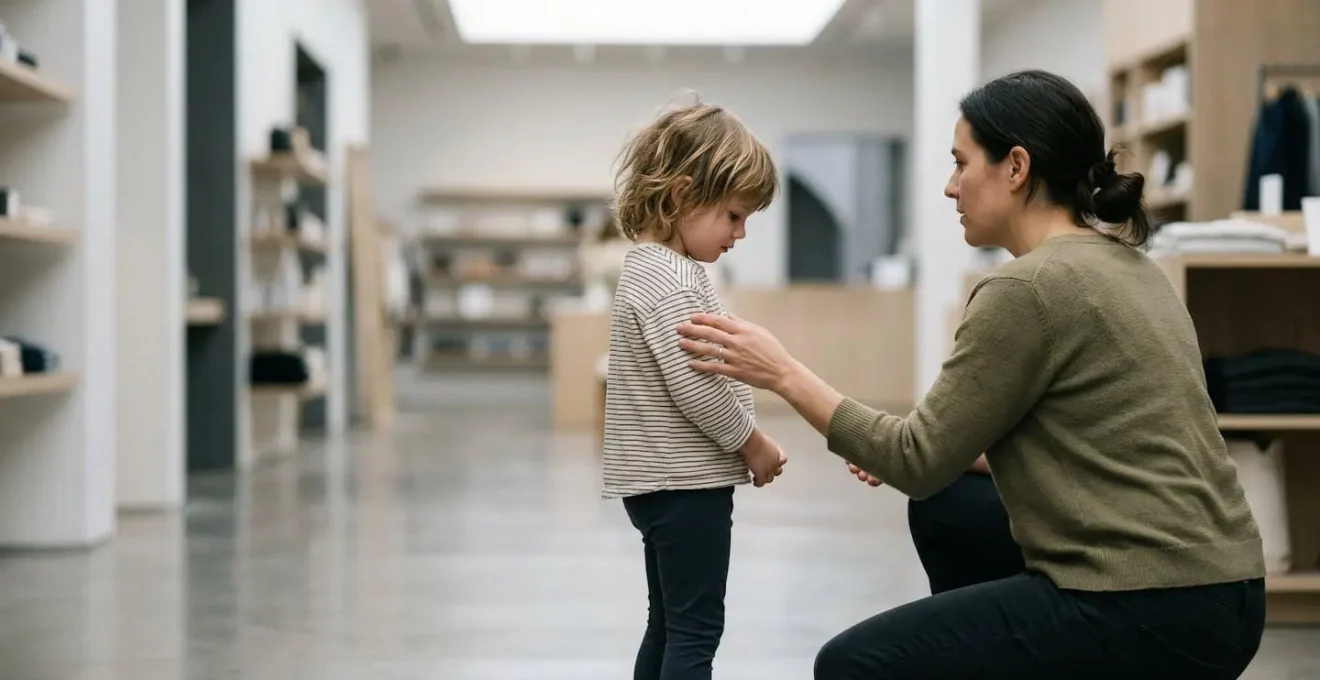 Parent kneeling at child's eye level during emotional moment in public space, showing calm connection and gentle boundary-setting