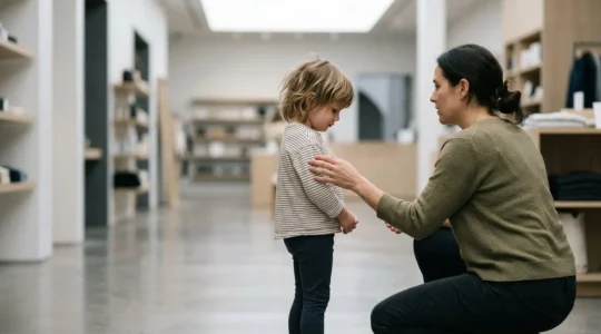 Parent kneeling at child's eye level during emotional moment in public space, showing calm connection and gentle boundary-setting
