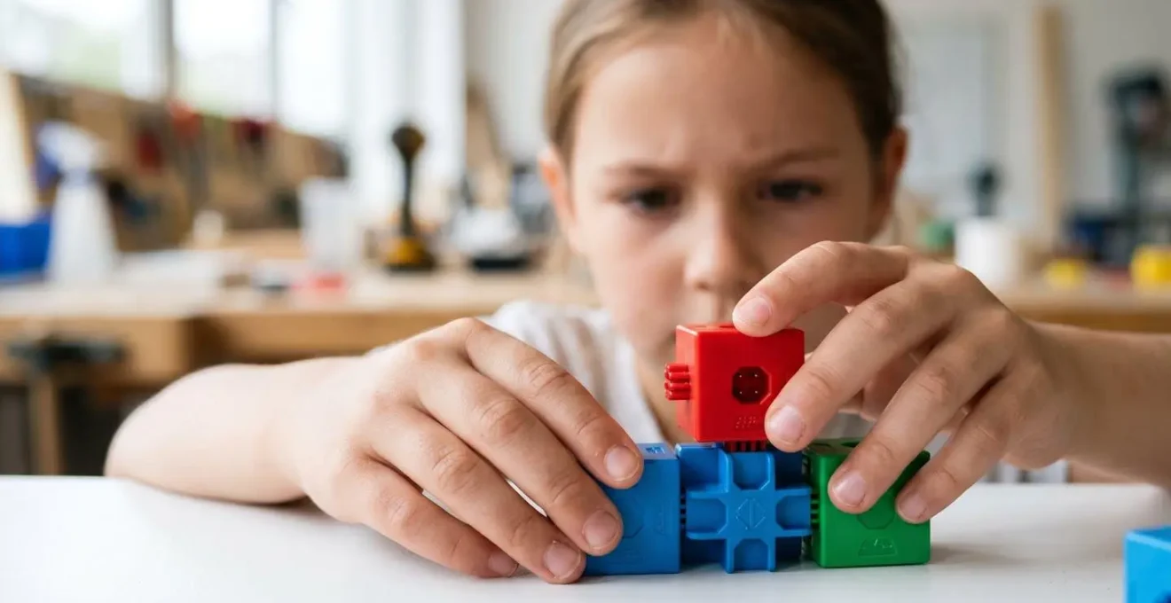 A young girl engaged in hands-on robotics assembly showing focused concentration and problem-solving