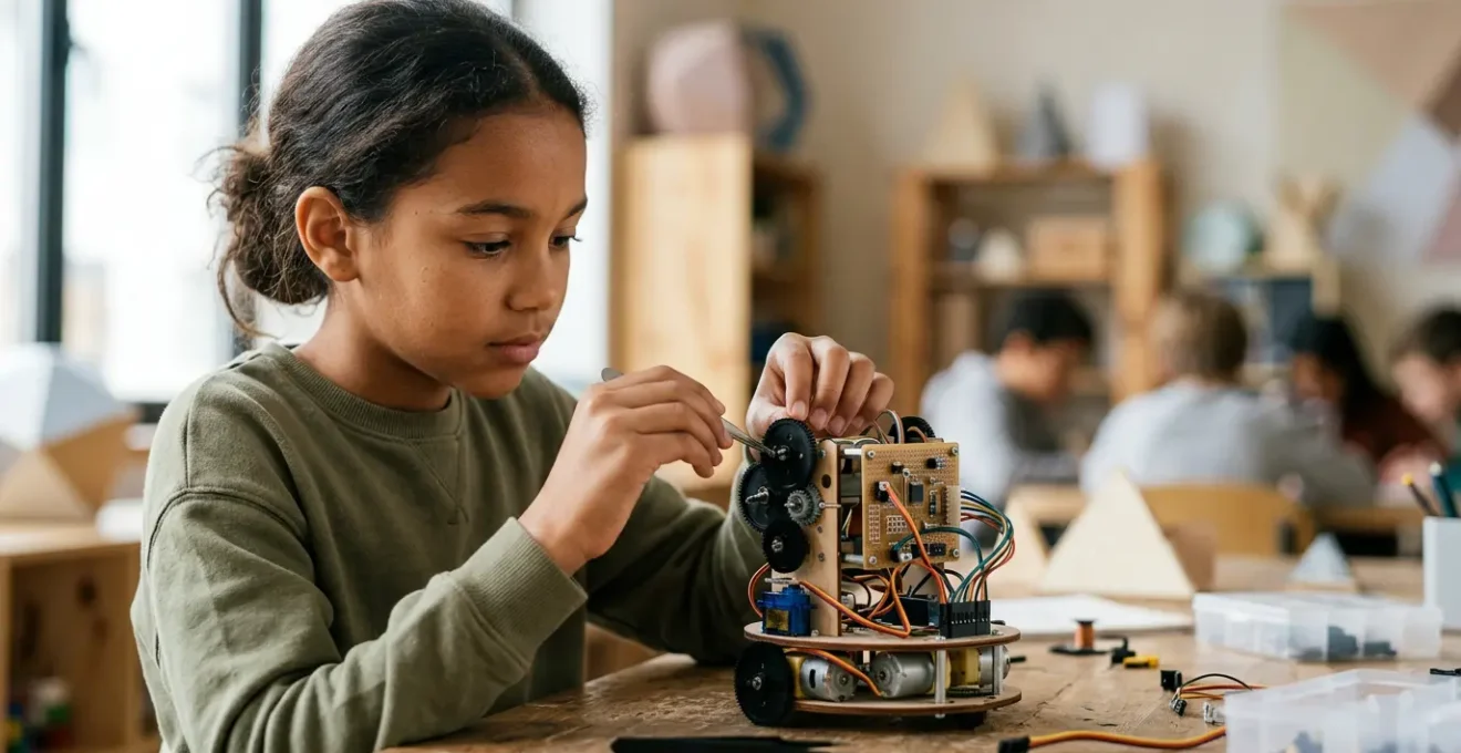 Young girl engaged in hands-on robotics activity with visible mechanical components and coding interface