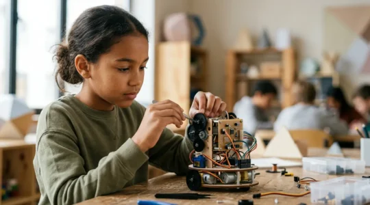 Young girl engaged in hands-on robotics activity with visible mechanical components and coding interface