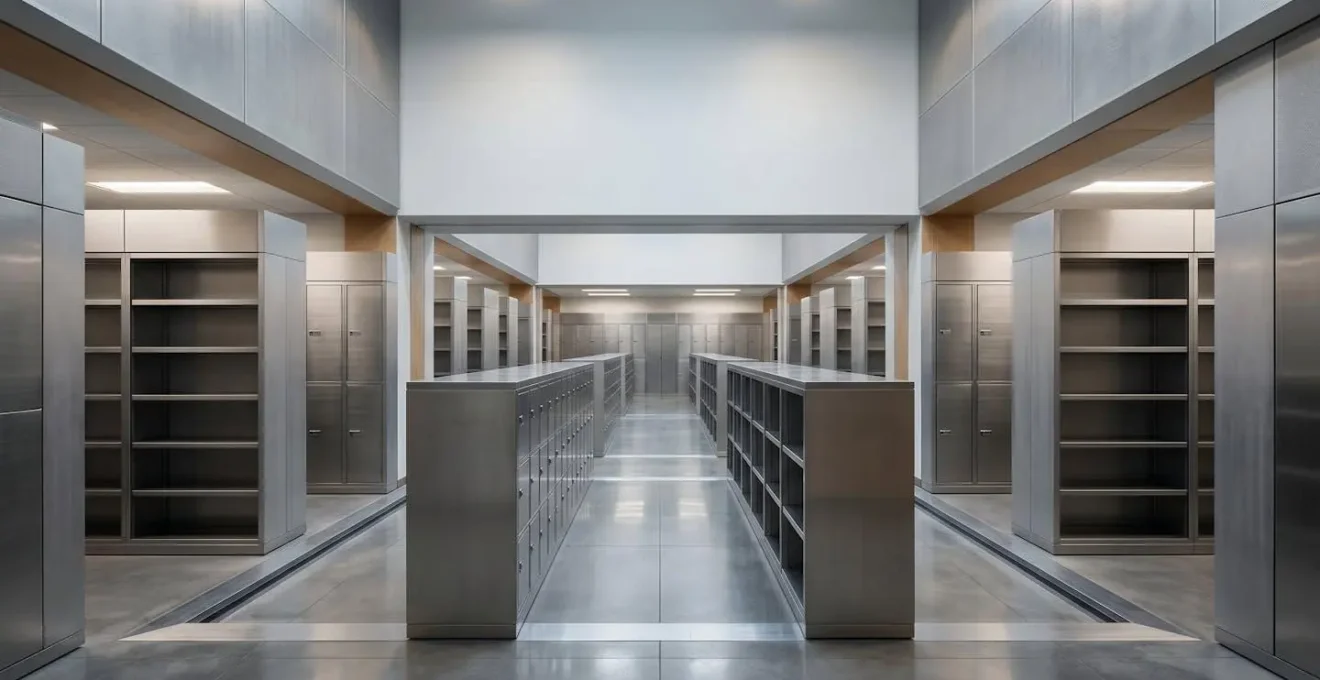 Professional vault facility interior showing secure allocated gold storage infrastructure with premium lighting and architectural detail