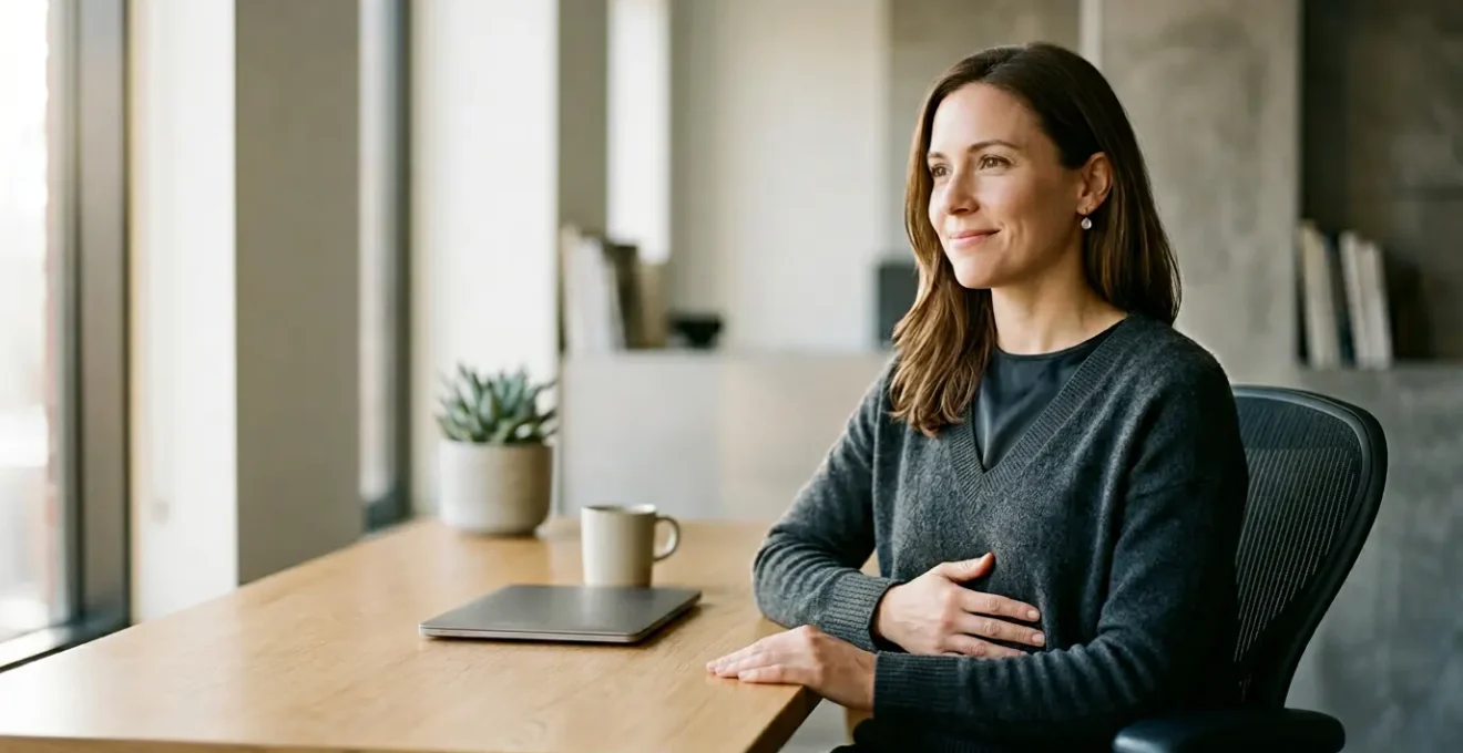 Professional experiencing gut health transformation reducing workplace stress through improved microbiome