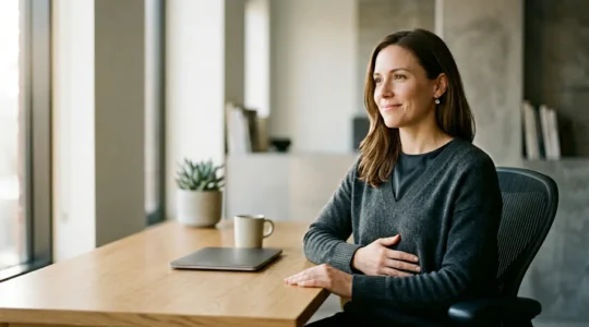 Professional experiencing gut health transformation reducing workplace stress through improved microbiome